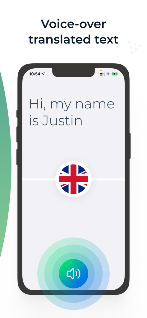 Translate Duo Live Translator - App screen showing voice over for translated text with English flag