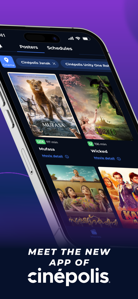 Interface of the Cinepolis Go app displaying movie posters and cinema location options on a smartphone