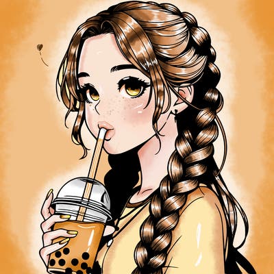 realistic girl with braided hair drinking boba