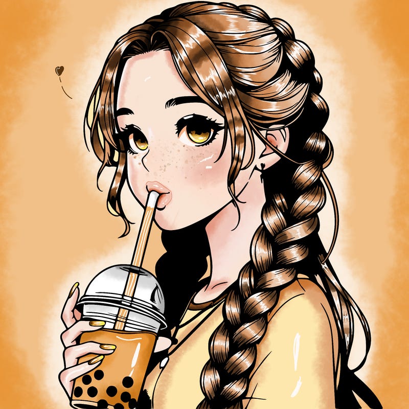 realistic girl with braided hair drinking boba