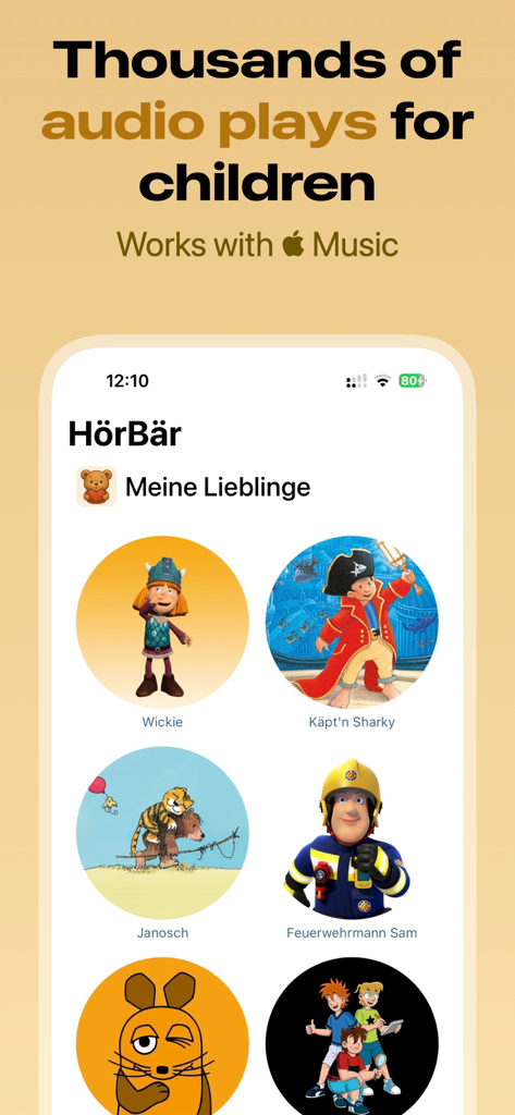 HörBär - Kids Stories - Pantalla de inicio de la aplicación HoerBaer que muestra historias de audio seleccionadas para niños con integración de Apple Music