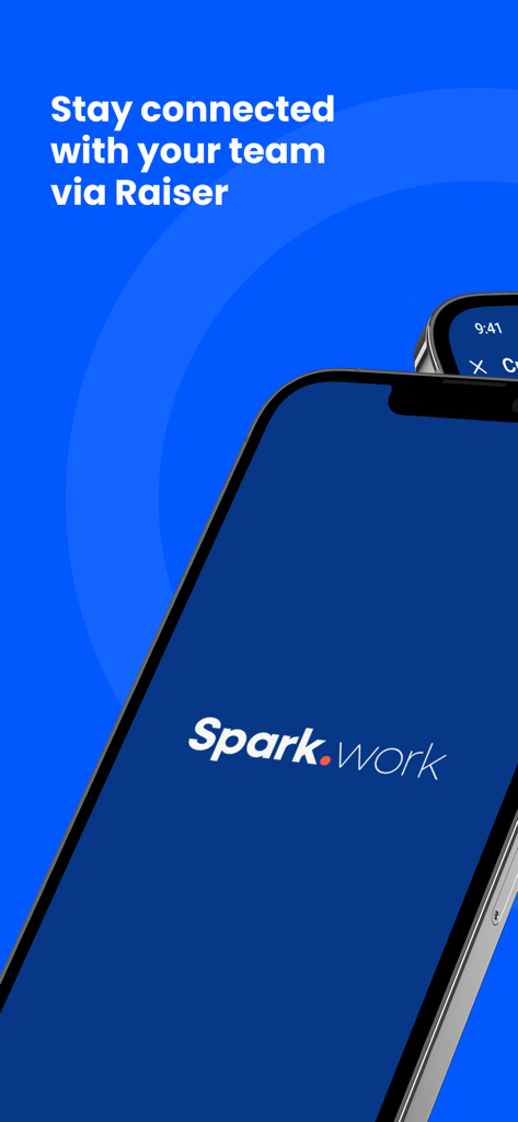 Spark.work mobile app welcome screen showing the company logo and the tagline Stay connected with your team via Raiser
