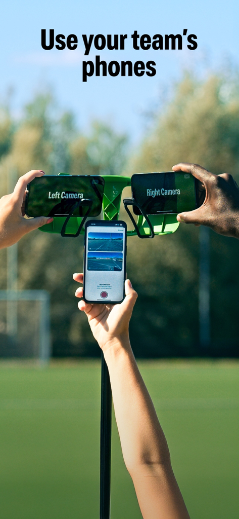 A green tripod mount holding three iPhones to record a soccer game with the text Use your team's phones