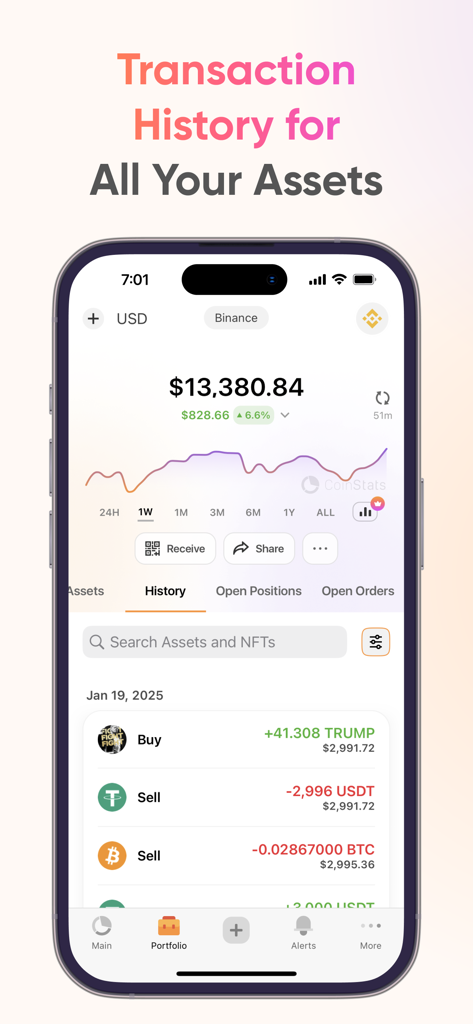 Transaction history screen in the CoinStats crypto portfolio app showing buy and sell activities