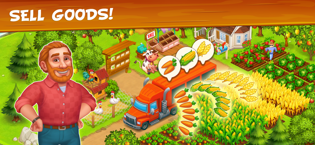 Farm Town - Family Farming Day - A cartoon farmer standing by a red delivery truck loading fresh crops like corn and carrots in a farm setting