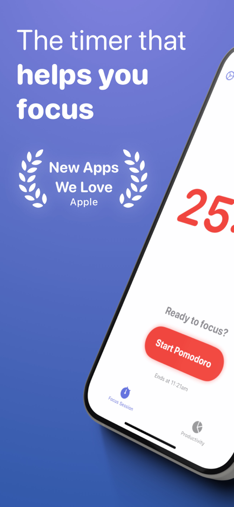 Focused Work - Pomodoro Timer - Interface de l'application minuteur Pomodoro Focused Work sur iPhone avec un bouton de démarrage et un prix Apple