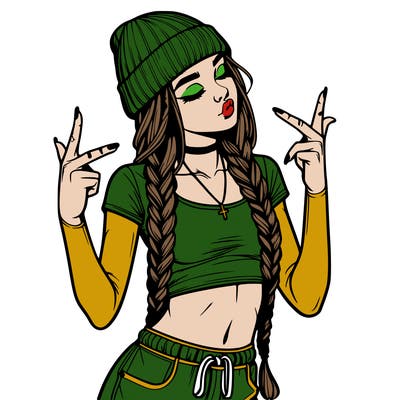 realistic teenage girl with braids and a beanie and crop top doing 🫶🏼