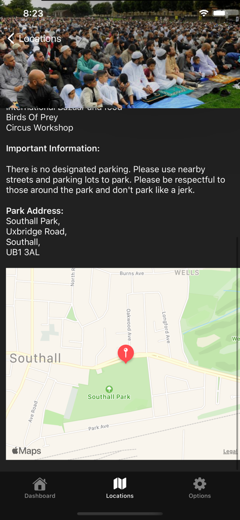 When's Eid? - Ein Bildschirm aus der Whens Eid App mit Details zu einer Eid-Veranstaltung im Southall Park, einschließlich Karte und Parkinformationen