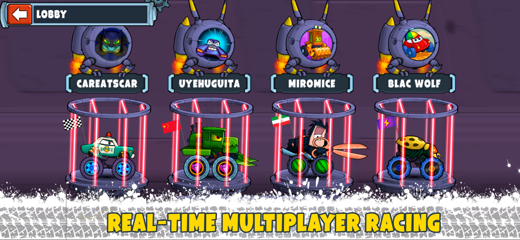 Car Eats Car Multiplayer Race - Lobby screen showing real-time multiplayer racing with customized evil cars and avatars