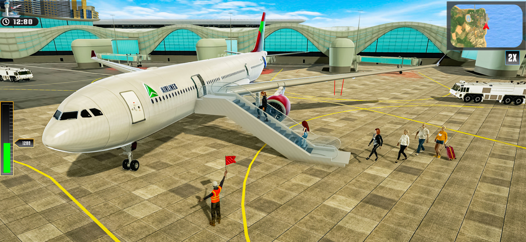 탑승객이 내리고 지상 직원이 있는 공항 게이트의 항공기 3D 시뮬레이션