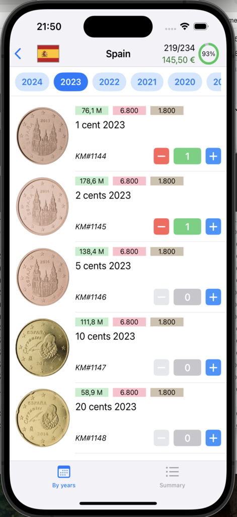 Interfaz de la aplicación Mis Monedas de Euro mostrando la colección de monedas españolas de 2023 con recuentos de inventario y progreso.