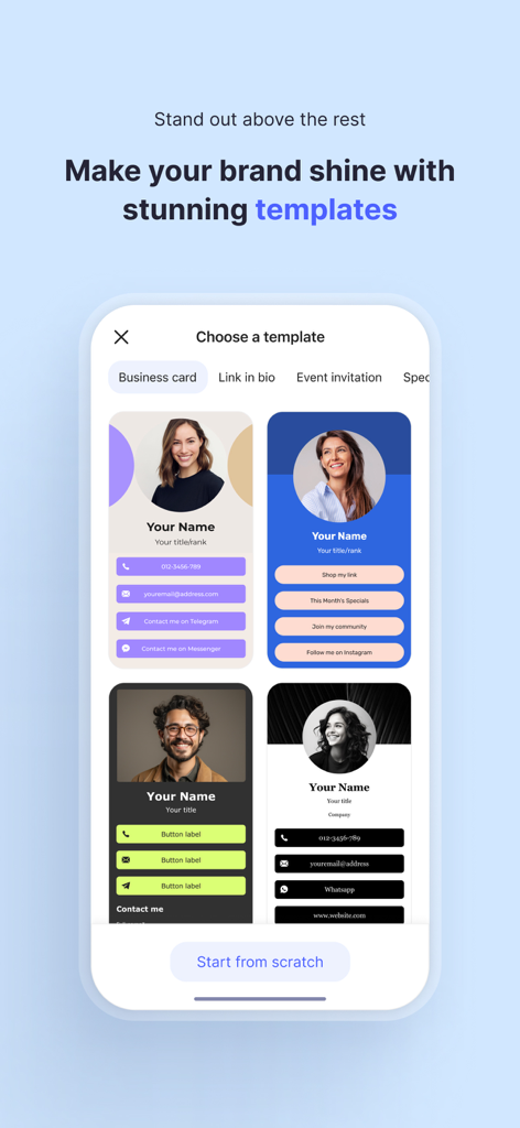 Boards.com - Interface do aplicativo Boards mostrando modelos de cartão de visita digital e link na bio para branding profissional