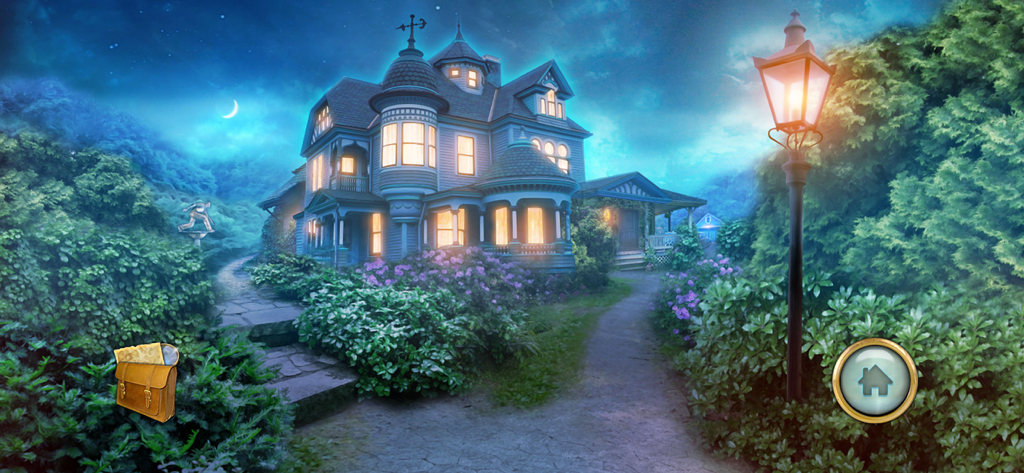 Um solar vitoriano pintado à mão à noite com janelas brilhantes e um poste de luz