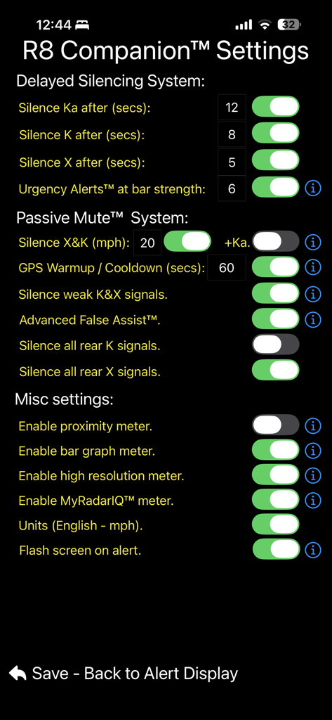 Settings screen of the R8 Companion app featuring delayed silencing and passive mute configurations