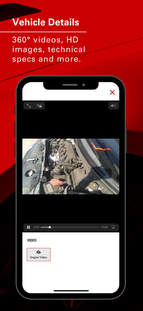 IAA Buyer Salvage Auctions - Schermata dello smartphone che visualizza un video del motore di un'auto sull'app IAA Buyer Salvage Auctions.