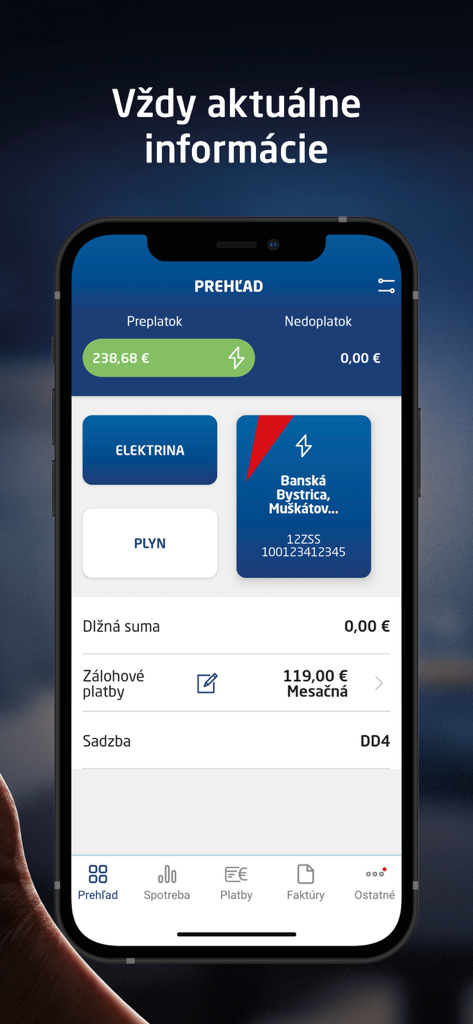eZóna SSE mobile app dashboard showing account balance and utility management for electricity and gas