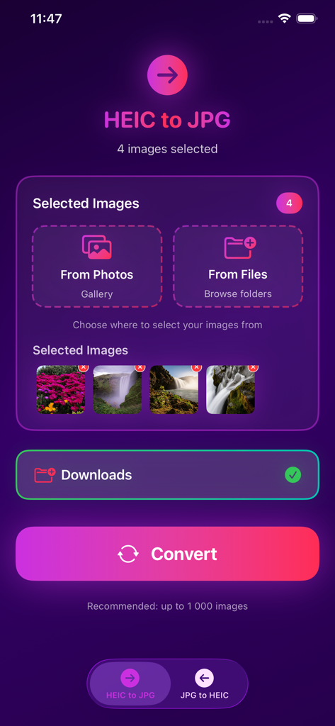 HEIC JPG Converter - Interfaz de la aplicación convertidora de HEIC a JPG mostrando cuatro imágenes seleccionadas y un botón de convertir