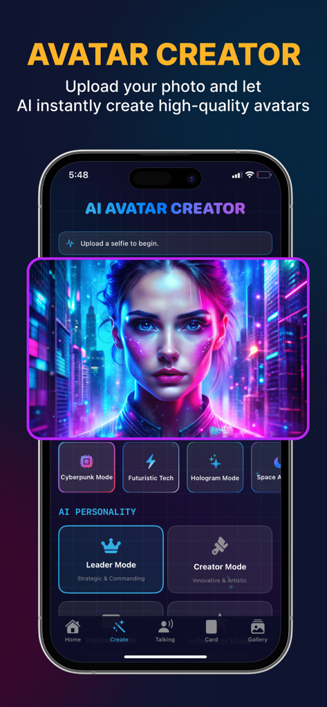 Ai Avatar Pro - AI Avatar Pro mobile interface featuring a cyberpunk style avatar and personality mode options.