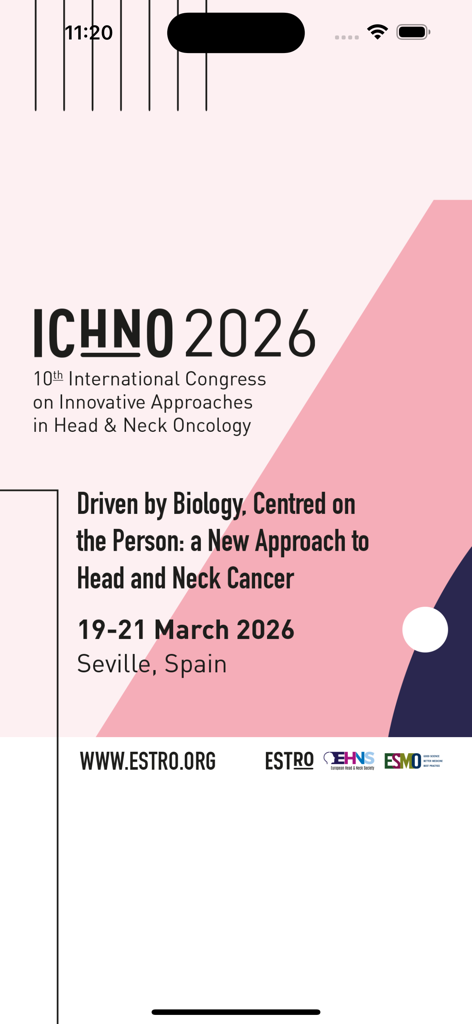 Pantalla de inicio del Congreso Internacional ICHNO 2026 sobre Oncología de Cabeza y Cuello que muestra fechas y lugar en Sevilla