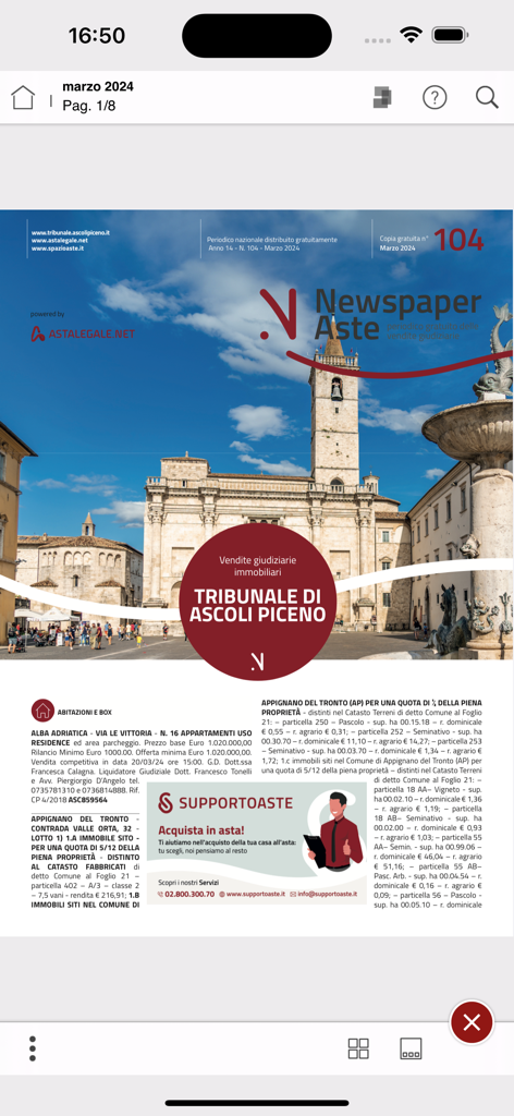 Astalegale Newspaper - Digital newspaper page showing Italian real estate auction listings for the Court of Ascoli Piceno.