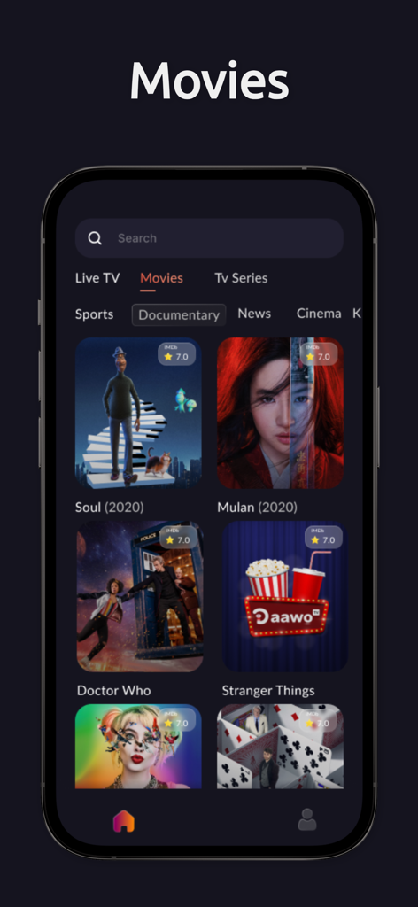 Daawo TV mobile app interface showing the movies section with a variety of film titles and category filters.