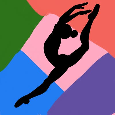 gymnast doing a leap in a leotard with a bent back leg