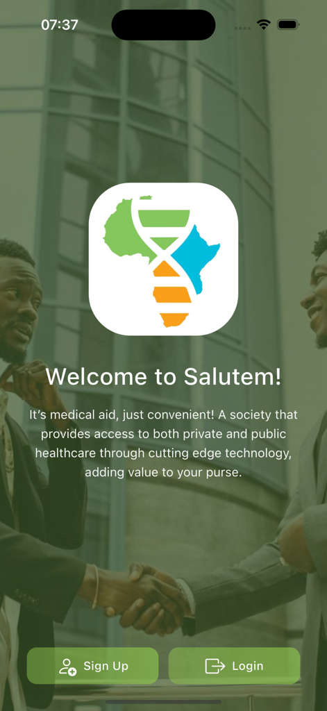 Salutem - Tela de boas-vindas do aplicativo de auxílio médico Salutem apresentando um logotipo de hélice de DNA e botões de login.