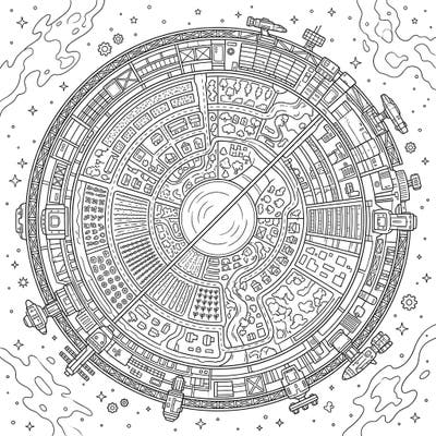 Journey to the stars with this captivating O'Neill Cylinder Colony coloring page, featuring a detailed cross-section of a rotating space habitat. Explore its futuristic blend of agricultural and residential areas, ready for your creative touch.