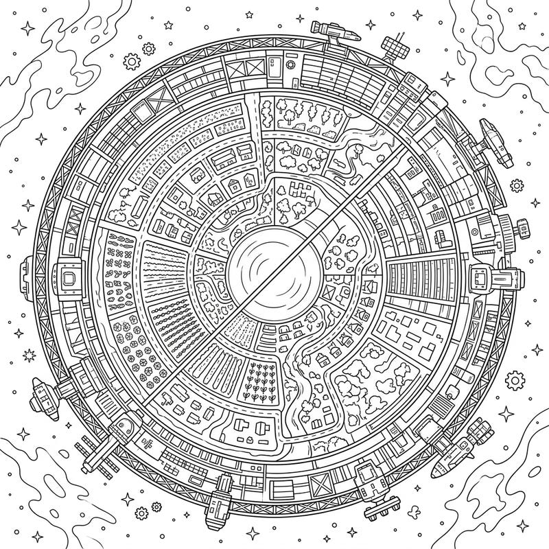 Journey to the stars with this captivating O'Neill Cylinder Colony coloring page, featuring a detailed cross-section of a rotating space habitat. Explore its futuristic blend of agricultural and residential areas, ready for your creative touch.
