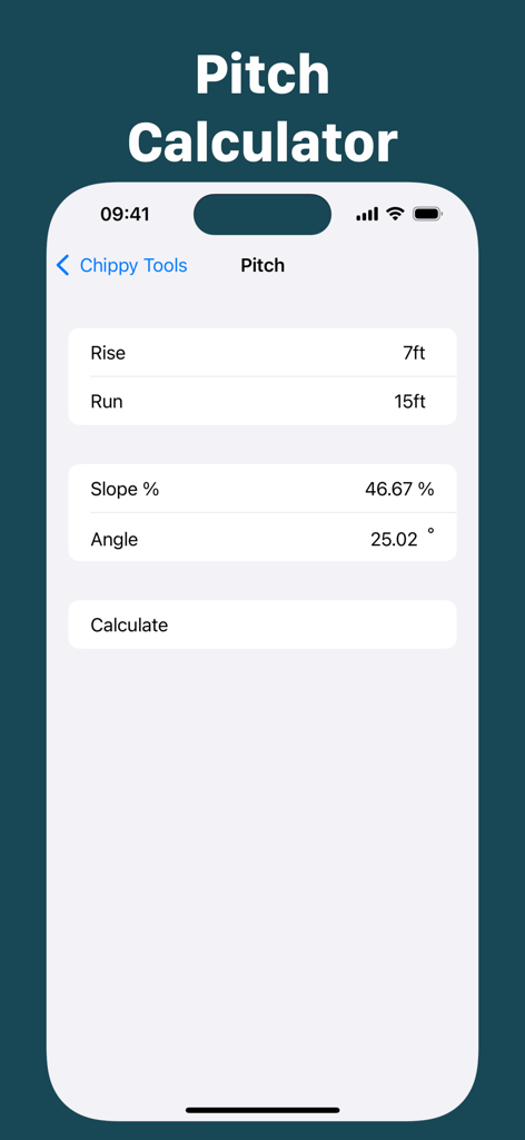 Chippy Tools: Construction - Chippy Tools app pitch calculator interface showing rise run and slope calculations
