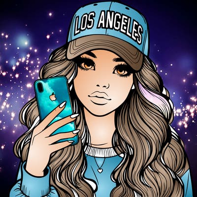 realistic beautiful girl wearing los ángeles cap holding an iphone