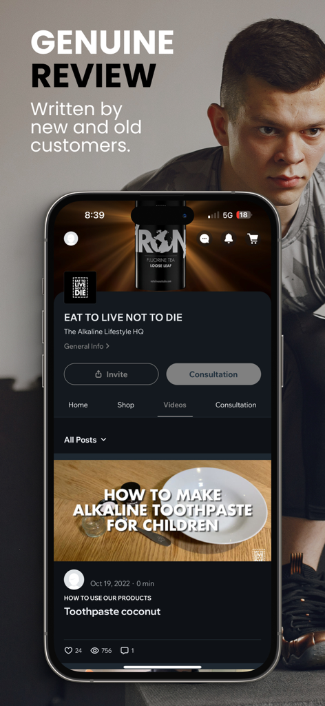 EAT TO LIVE NOT TO DIE - Smartphone screen showing the Eat To Live Not To Die app with a video tutorial on making alkaline toothpaste for children.