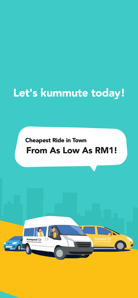 Promotional illustration for the Kummute ride pooling app featuring a commuter van and car with a message about low cost fares