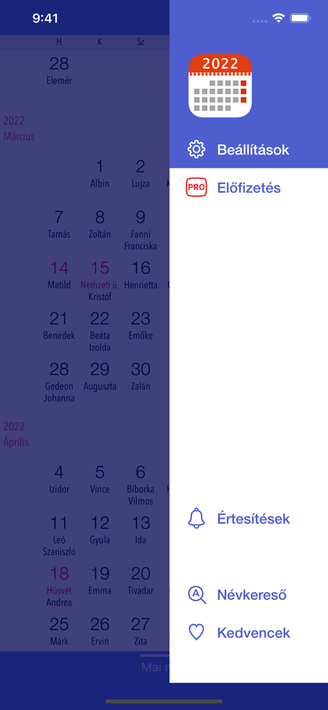 Névnaptár - Side navigation menu of the Névnaptár Hungarian name day app showing settings and name search options