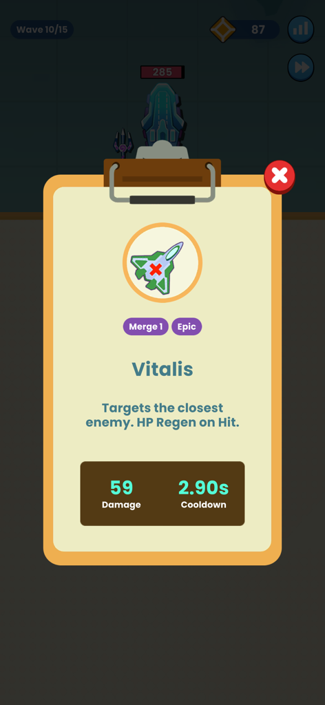 Inventory Merge Combat - Stats screen for the Epic Vitalis plane showing damage and cooldown in the Inventory Merge Combat app.