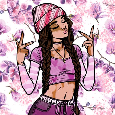 realistic teenage girl with braids and a beanie and crop top doing 🫶🏼