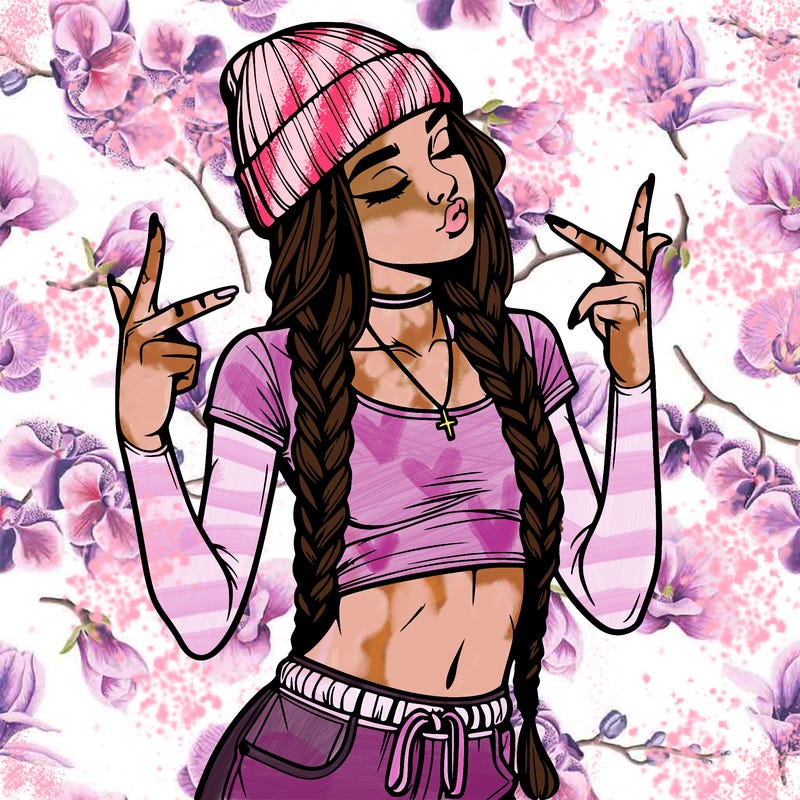 realistic teenage girl with braids and a beanie and crop top doing 🫶🏼