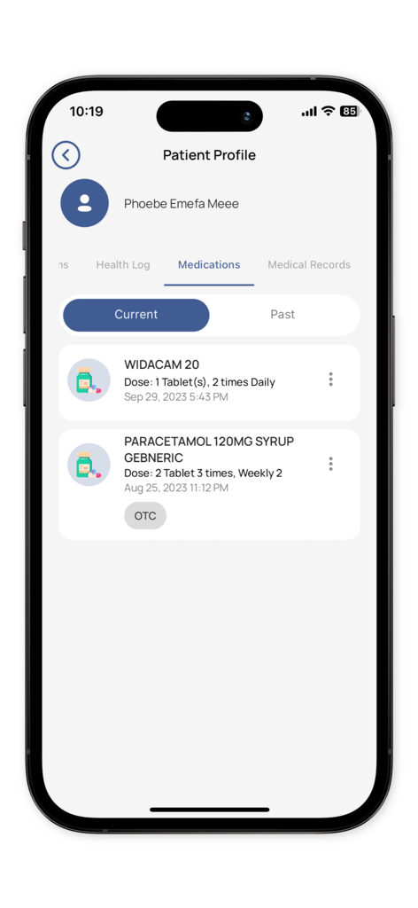 My.Doctor - Bildschirm mit dem Patientenprofil in der My.Doctor-App, der die aktuellen Medikamente und Dosierungen anzeigt