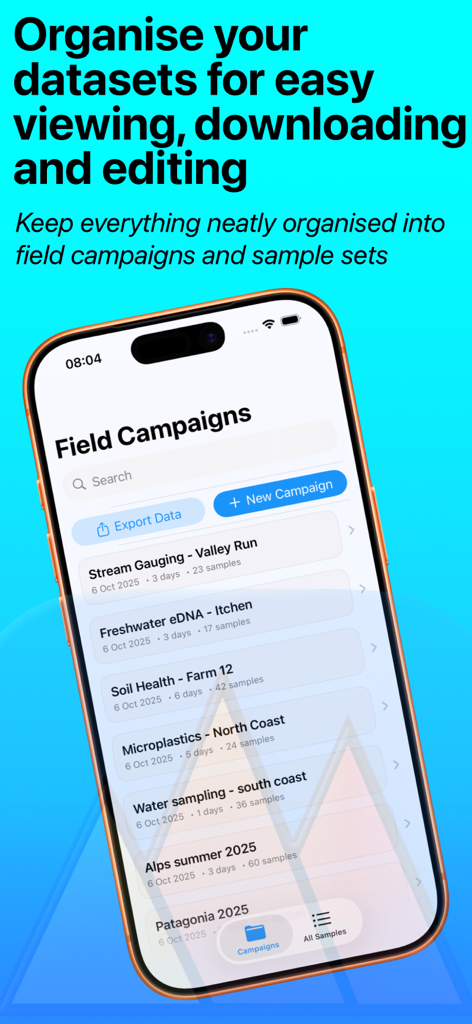 FieldApp Notebook screen showing various field research campaigns and organized datasets.