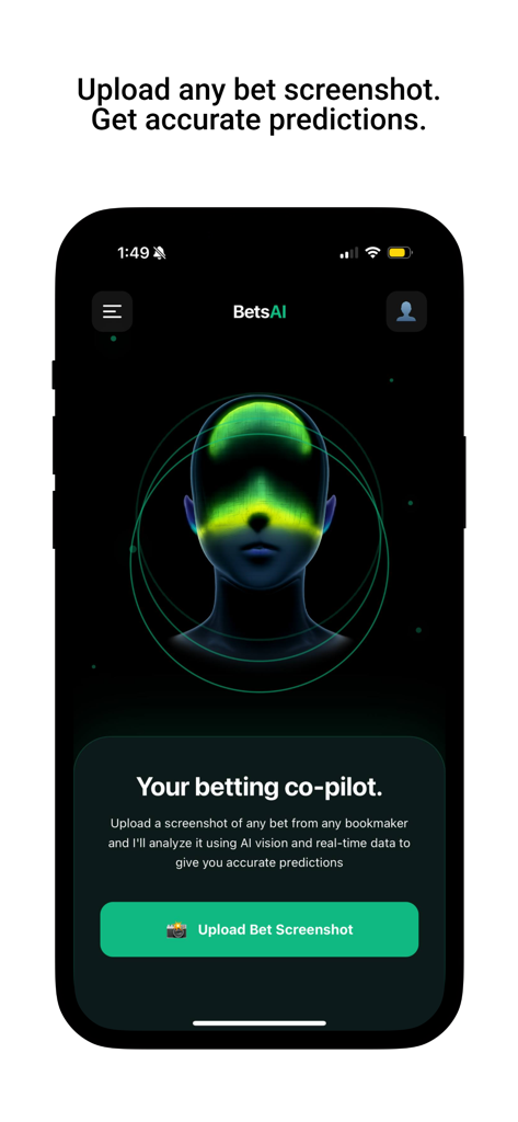 betsAI: AI Sports Prediction - BetsAI mobile app home screen featuring the AI betting co-pilot and upload bet screenshot button