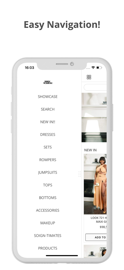 SOIGNEE BY SHANA COLE - Navigation menu screen from the SOIGNEE BY SHANA COLE fashion app.