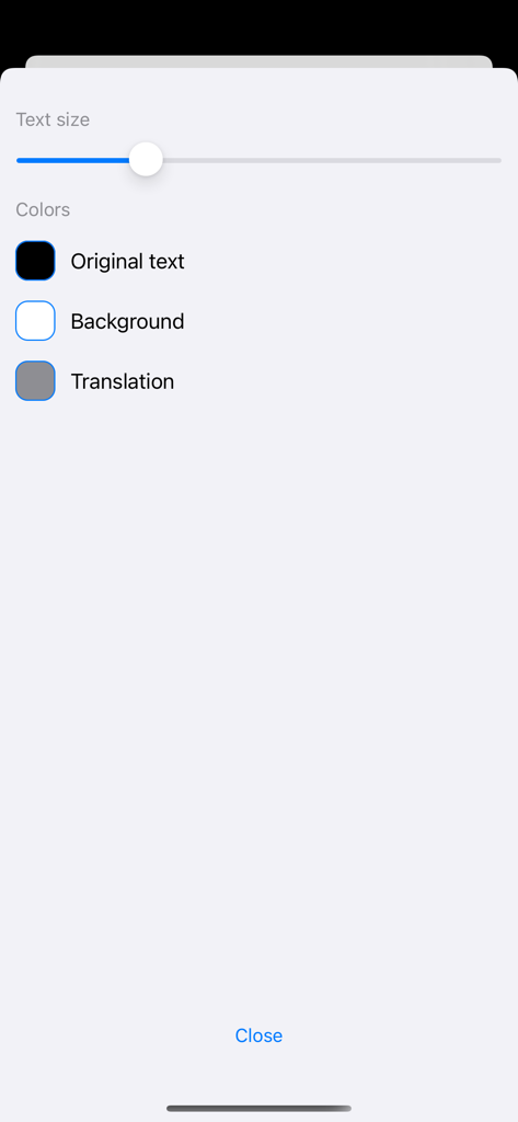 Smart Book - Customization menu in Smart Book app for adjusting text size and color themes.