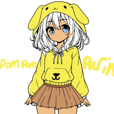 pretty anime girl wearing a fluffy hoodie with bunny ears on the hood and a skirt