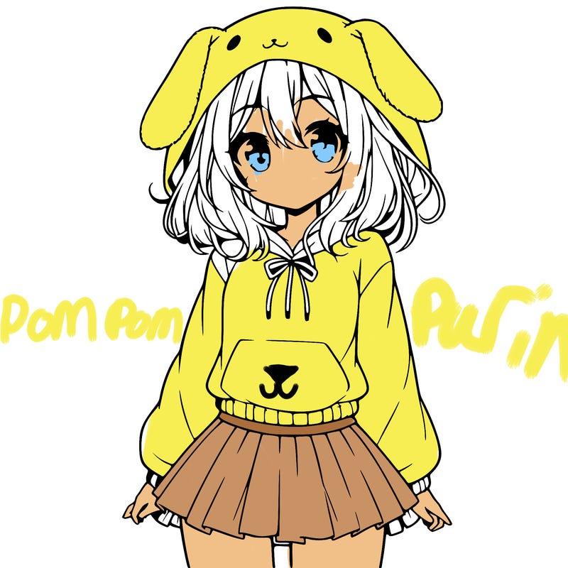 pretty anime girl wearing a fluffy hoodie with bunny ears on the hood and a skirt