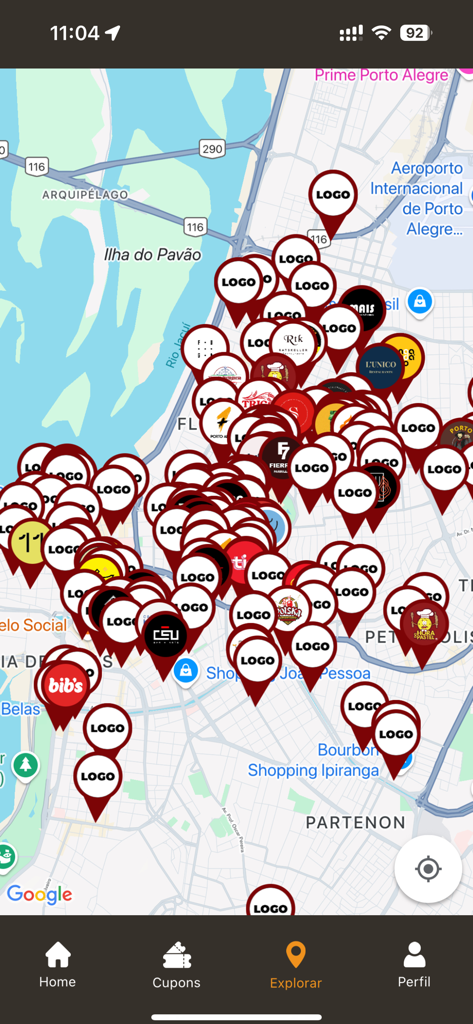 POA em Dobro - Map of Porto Alegre with pins showing participating restaurants in the POA em Dobro app