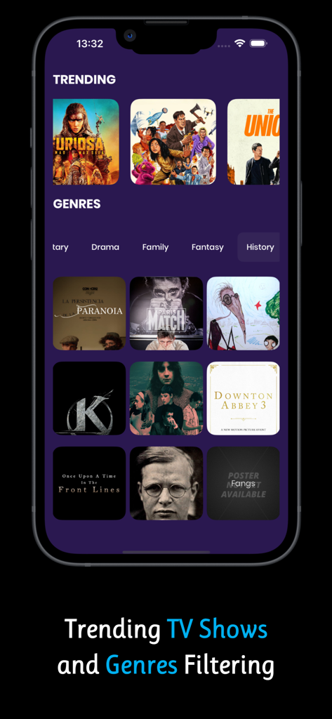 Cinegate - Movies Voice Finder - Cinegate app interface displaying trending movies and TV show genres for discovery