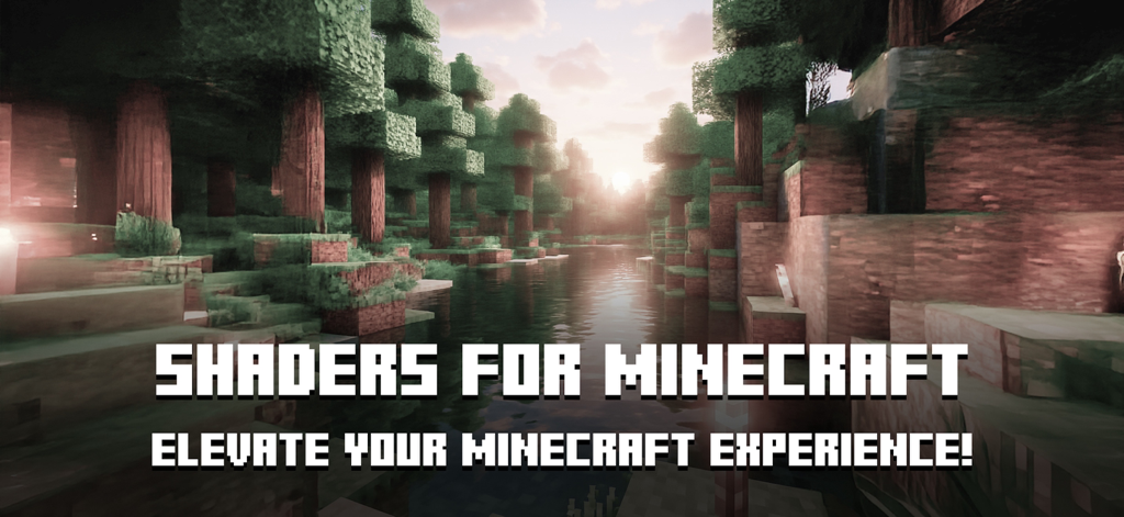 Minecraft PE shaders showing realistic water reflections and forest lighting during a sunset