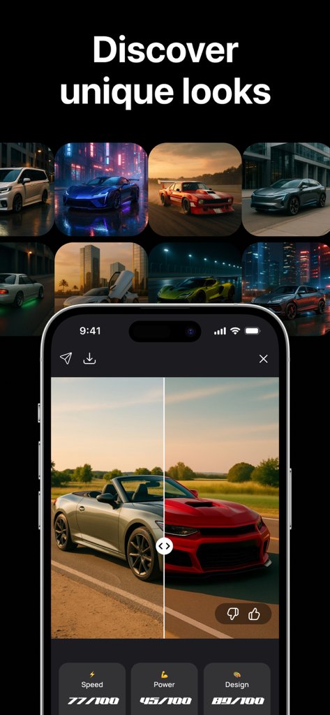 Mods: AI Car Designer & Tuning - AI car designer app interface showing a comparison between a stock car and a customized version