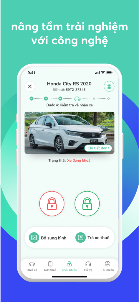 BonbonCar - Thuê xe tự lái - Interface de l'application BonbonCar montrant le déverrouillage de voiture à distance et l'étape d'inspection du véhicule