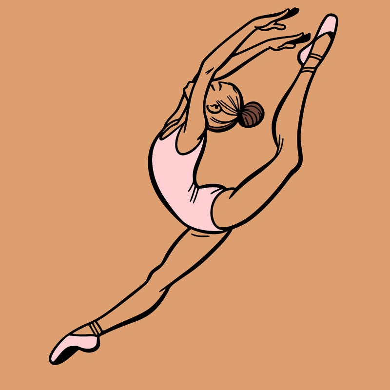 gymnast doing a leap in a leotard with a bent back leg